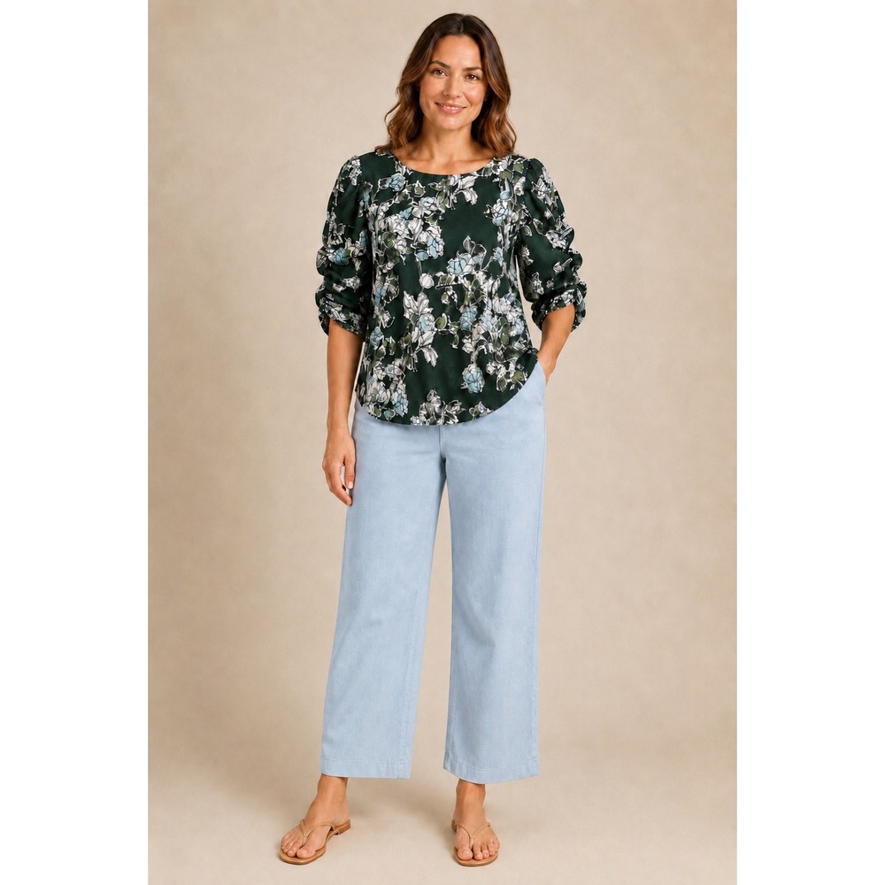 Chicos Floral Puff Sleeve Blouse Women 2 L Green Ruched Garden Party Romantic